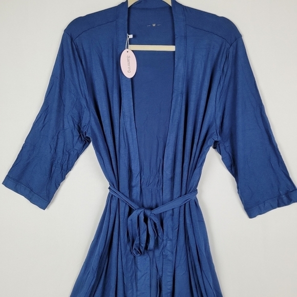 Samring Women's Robe Kimono Soft Bamboo Sleepwear Short Knit Bathrobe Blue Sz L - Picture 2 of 9